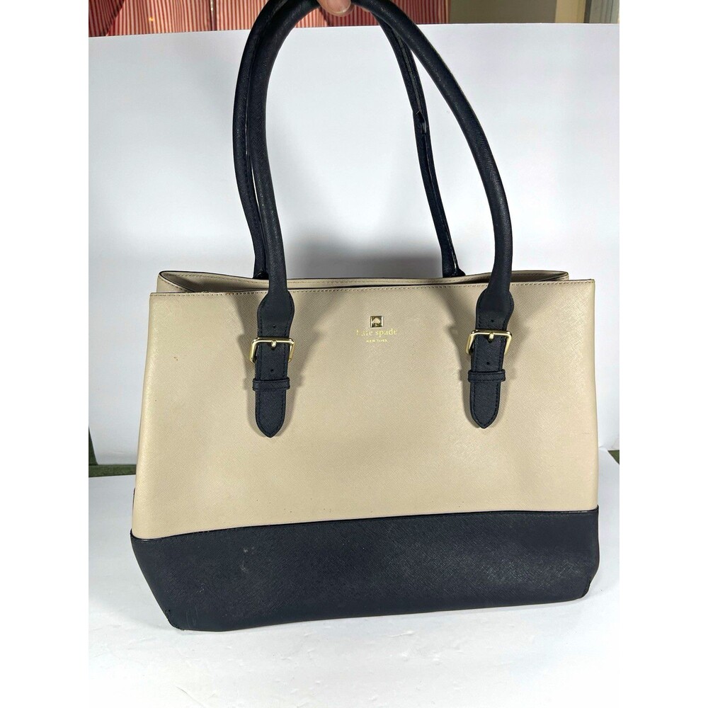 Kate Spade New York Beige/Black Colorblock Tote Zip Center, Pockets Gold
